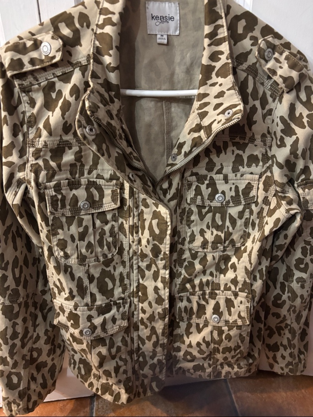 kensie Women's Leopard-Print Utility Jacket in Olive and Cream